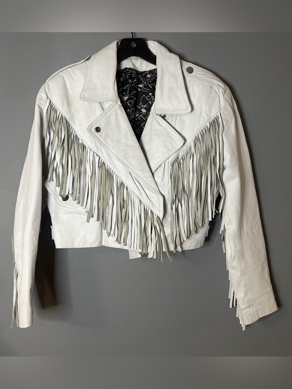 Cropped White Leather Fringe Moto Jacket